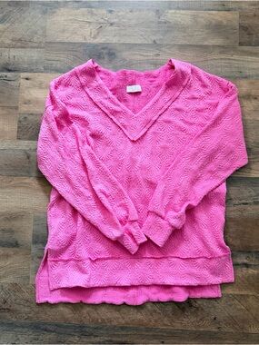 Pink Lily | Pink V-Neck Textured Women's Sweater Small